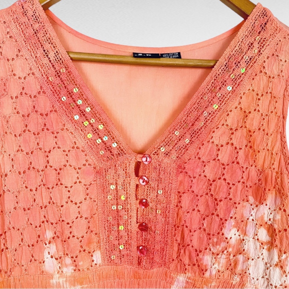 VINTAGE | R.S. Fashion Coastal Coral Tie Dye Embroidered Sequin Sleeveless Dress - Picture 7 of 8